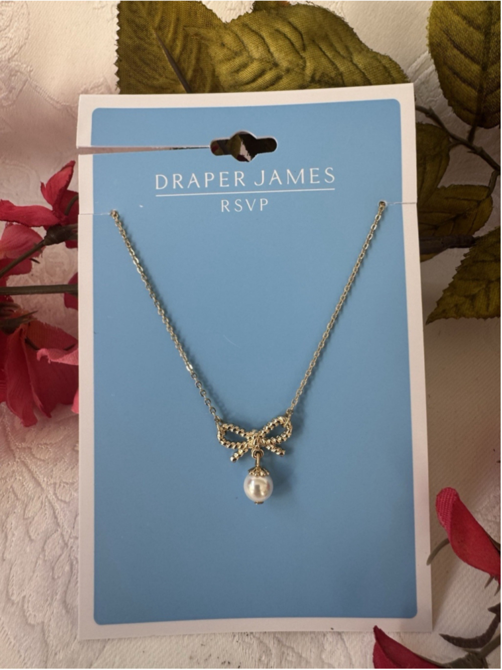 Draper James Dainty Goldtone Pearl Bow CZ Necklace Preppy Old Money Style NEW